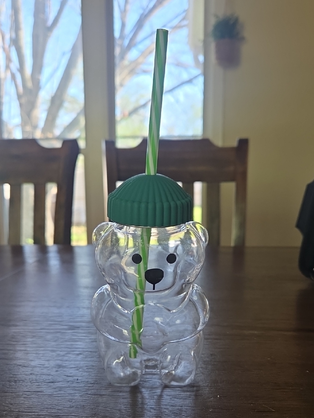 Clear Plastic Bear-Shaped Tumbler with Green Lid & Straw